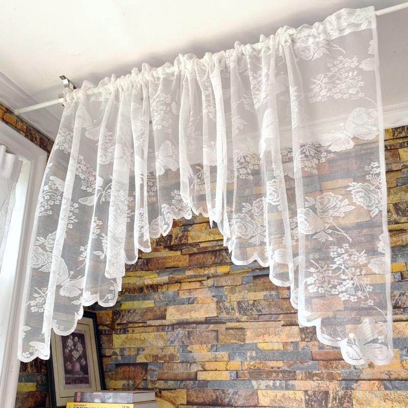 

White Butterfly Lace Short Kitchen Curtain, With rod pocket