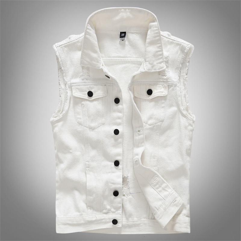 

2021 New Brand Male Denim Vintage Sleeveless Washed Jeans Waistcoat Man Cowboy Ripped Jacket Casual Vest Men Size -5xl G7nt, White