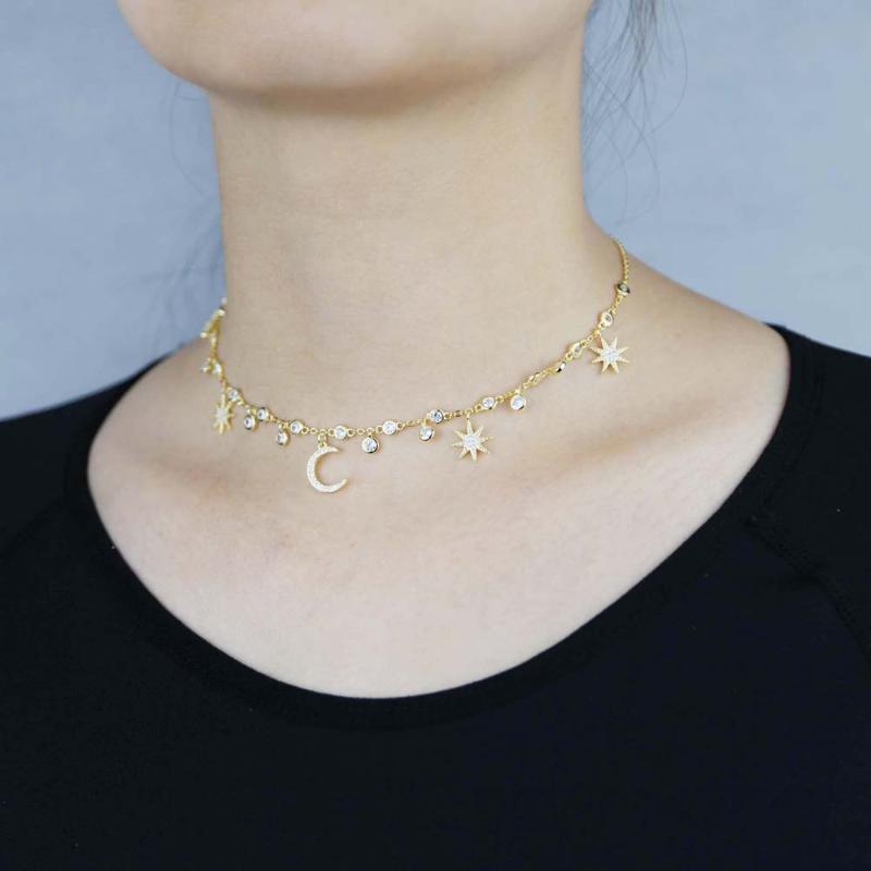 

2020 fashion trendy wedding necklace with cz paved star moon dangle charm paved statement station choker necklace for women