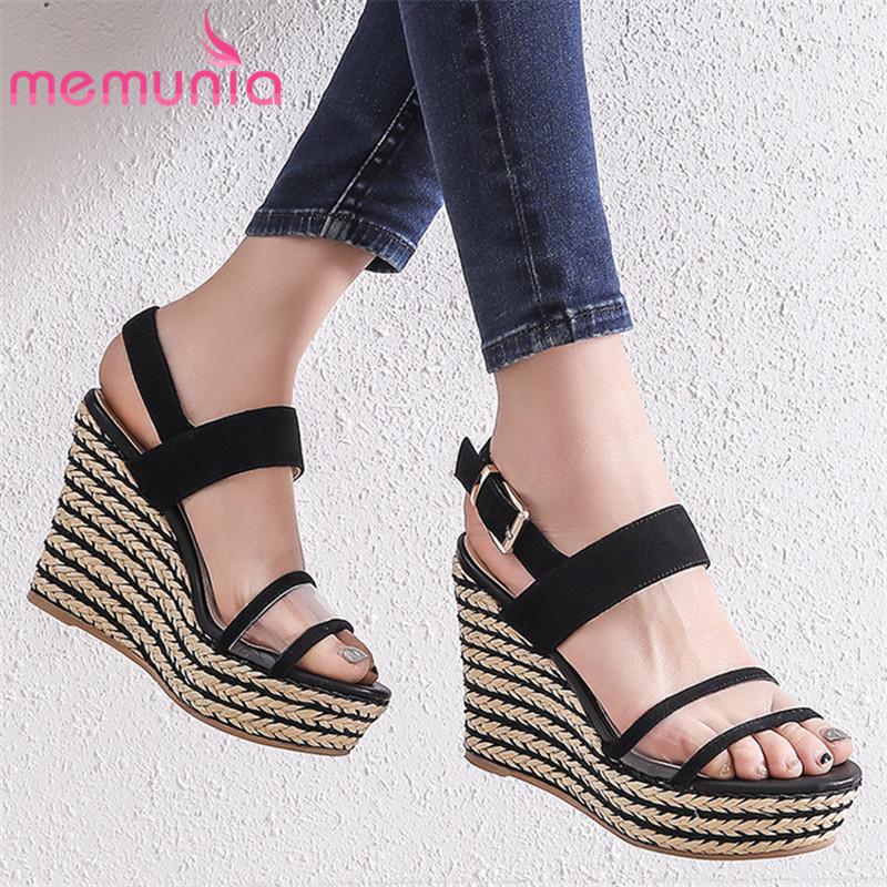 

MEMUNIA 2021 top quality suede leather wedges platform sandals women buckle fashion casual shoes ladies summer sandals black