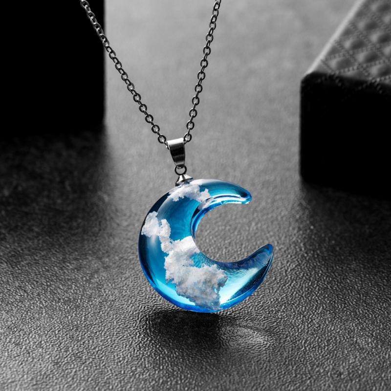 

Pendant Necklaces Cute Moon Shape Blue Crystal Girl Girlfriend Love Gift Women Fashion Link Chain Jewelry Party Jewellery