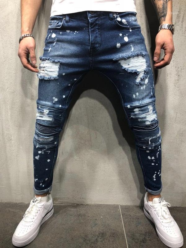 

2020 Hot Men' Painted Skinny Slim Fit Straight Ripped Distressed Pleated Knee Patch Denim Pants Stretch Pleated Snowflake jeans1, Blue