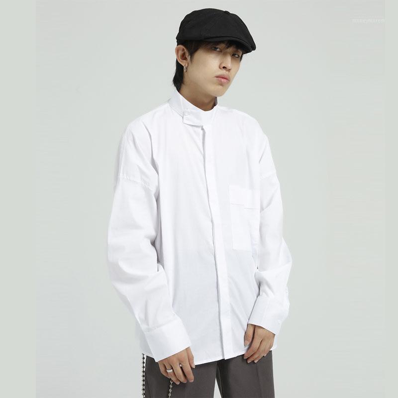 

Men Solid Color White Black Stand Collar Casual Long Sleeve Shirts Male Japan Korea Style Streetwear Shirts1