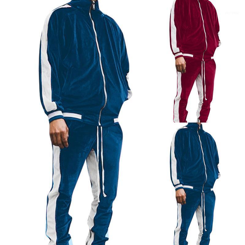 

Men Tracksuit Set Contrast Color Velet Lapel Casual Sportswear Suit Hoodie Sweatshirt Long Sleeve Zipper And Long Pants Winter1, As shown