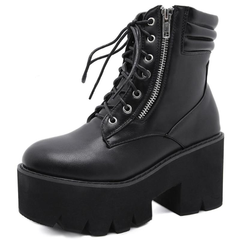 

FANAN Women's Combat Boots Goth Black Platform Chunky High Heel Motorcycle Booties Winter Lace up Round Toe Ankle Boots