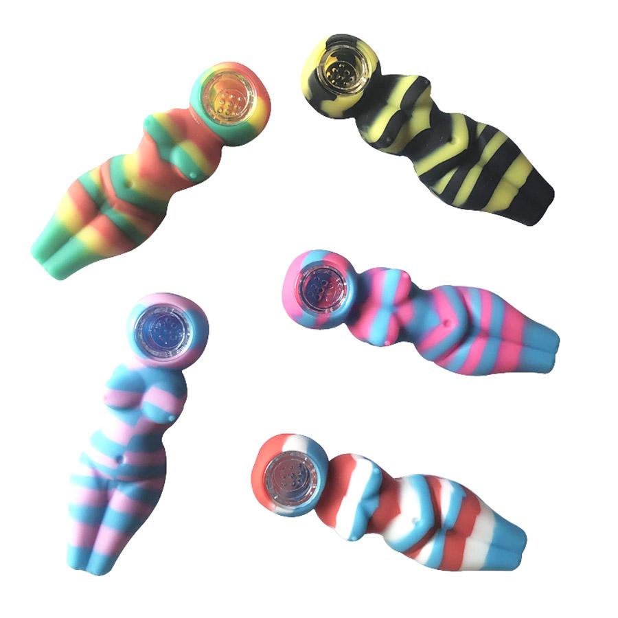 

Six Women colorful Silicone Smoking Pipe With Insert Glass Bowl Unbreakable Hand Pipe Food Grade Silicone Tobacco Pipe