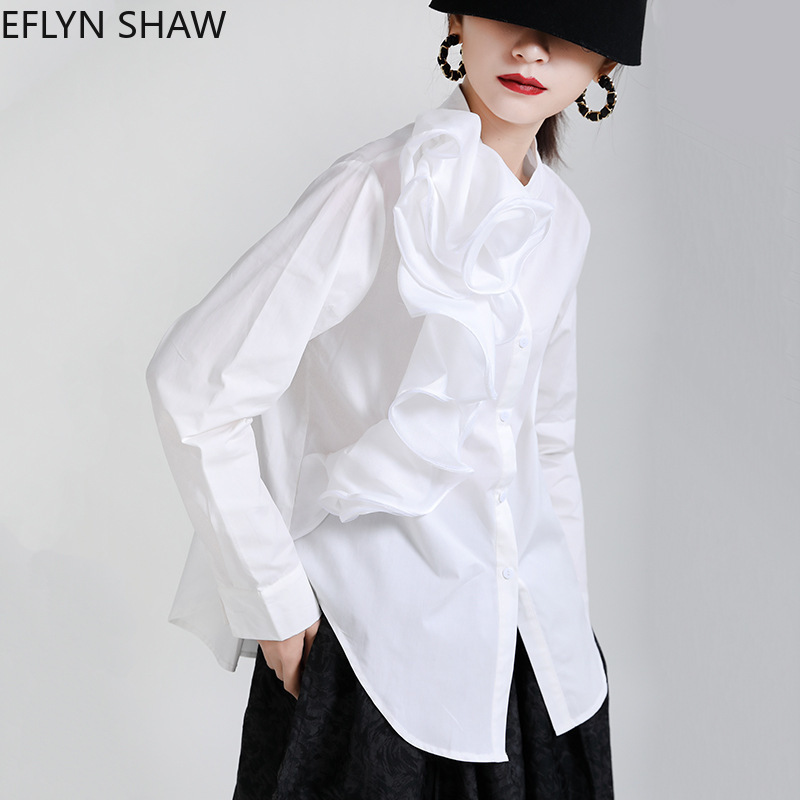 

2021 New Design Mature Women's Shirts Spring Fridges Long Sleeves Chic Plain Blouse 3d Flower Female Tops 2Y4W, Black