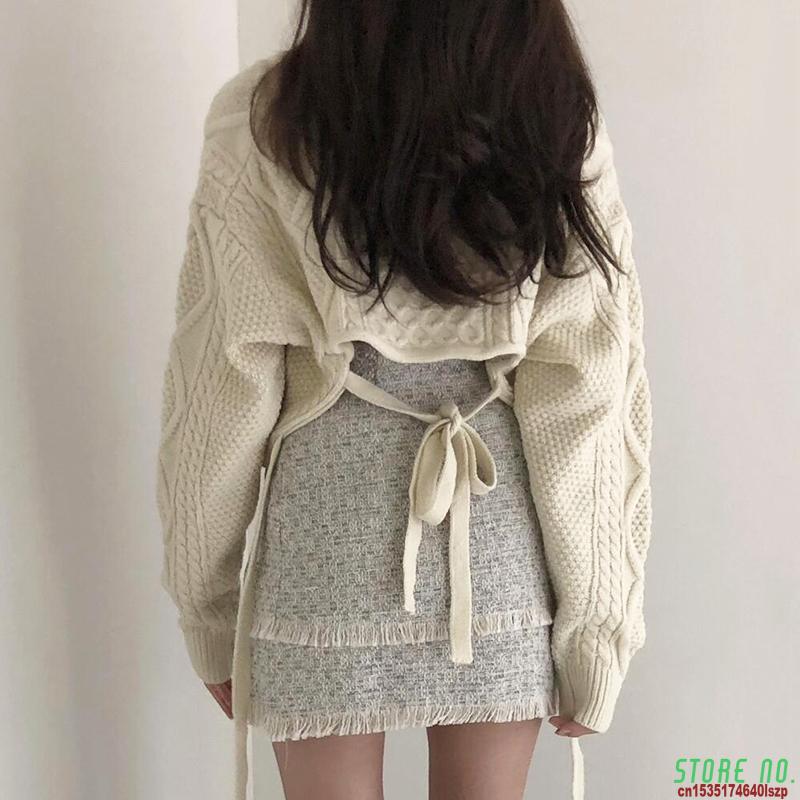 

2020 Autumn Korean Style Loose Sweater Women Long Sleeve Back Bow Tie Warm Sexy V-neck Casual Winter Knitting Elegant Knitwear, Beige