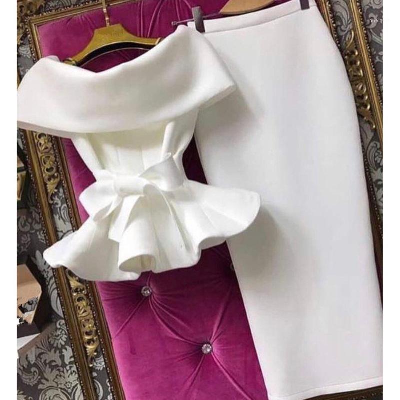 

2019 New Women Short Sleeve Ruffle Bow Two Piece Set Solid Lace Up Off Shoulder Tops and Bodycon Skirt Sexy Suits1, White
