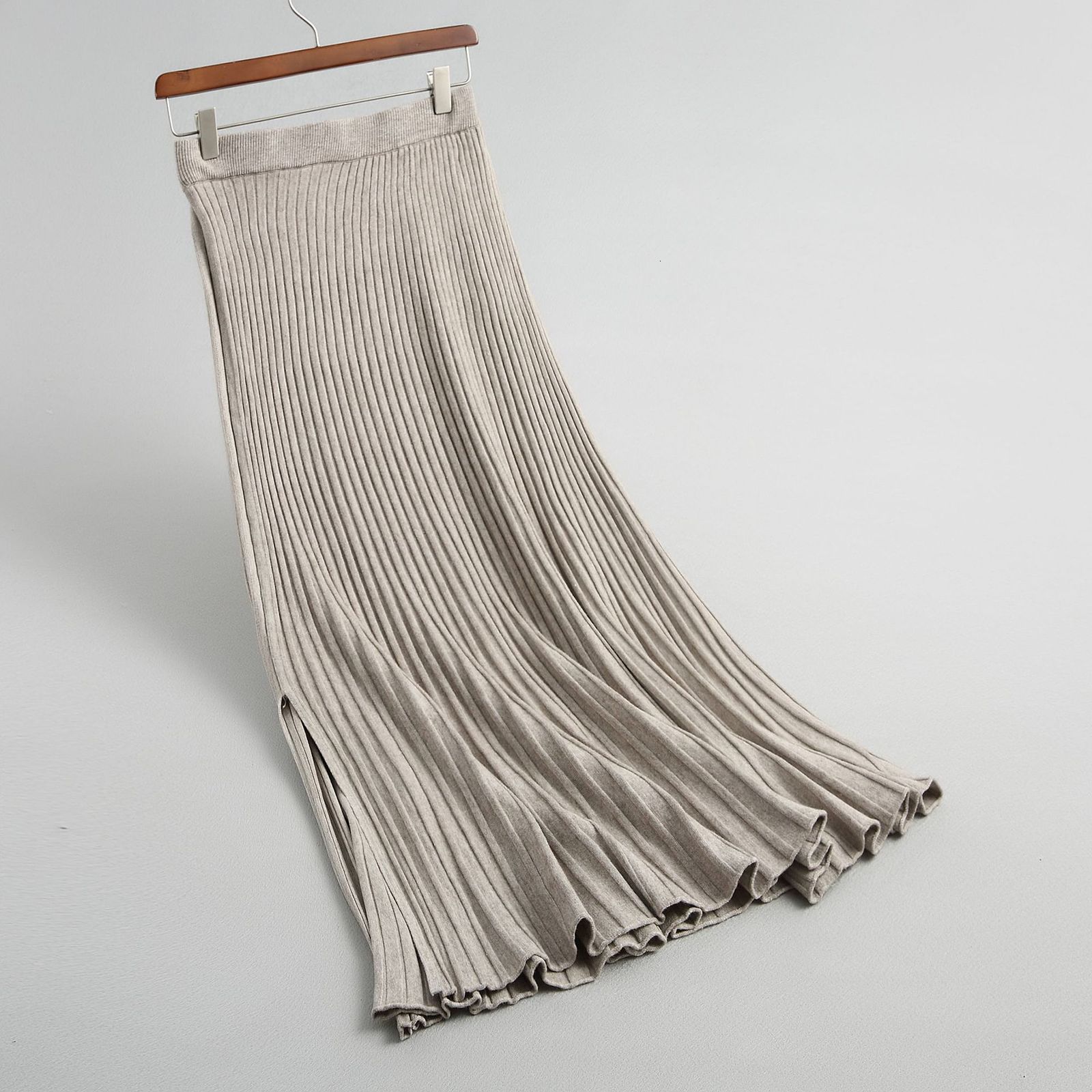 

2021 New High Waist Knitted Casual Pleated Long Pure Color Women a Line Skirt Jupe Femme Saia 8xd1, Gray