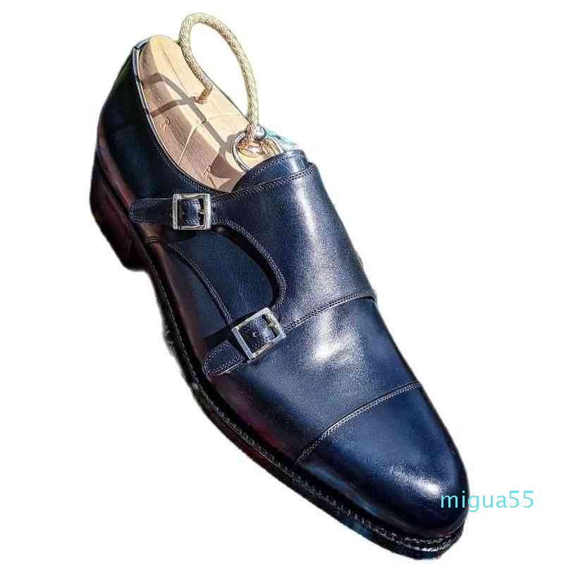 

dress men shoes classic British low heel PU leather double buckle, Blue