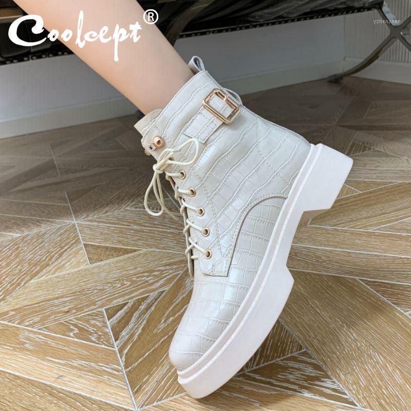 

Boots Coolcept Women Ankle Real Leather Buckle Cross Strap Winter Shoes Woman Fashion Platform Warm Short Boot Lady Size 34-391, Black