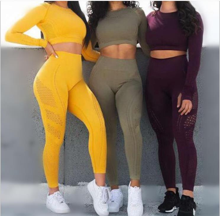 

Yoga Sports Sets 2020 New Arrival Women' Tracksuit Workout Clothes Fitness Running Sportwear Women Long Sleeve High Waist Mesh Leggings1