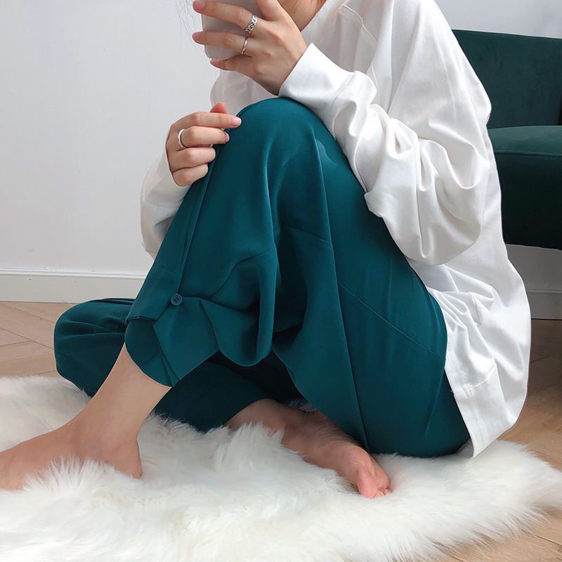 

2021 New Summer Casual Pure Color High Waist Straight Chic Women Button Design Pants Female Trousers 24o9, White