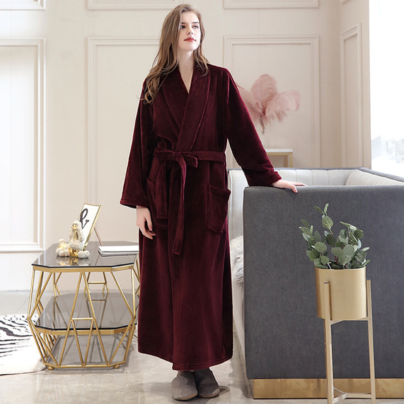 

2021 New Female Autumn Long Flannel Nightgown Plus Thick Solid Size in Women's Low-v with Loose Clothing Robe Ffzf, Red