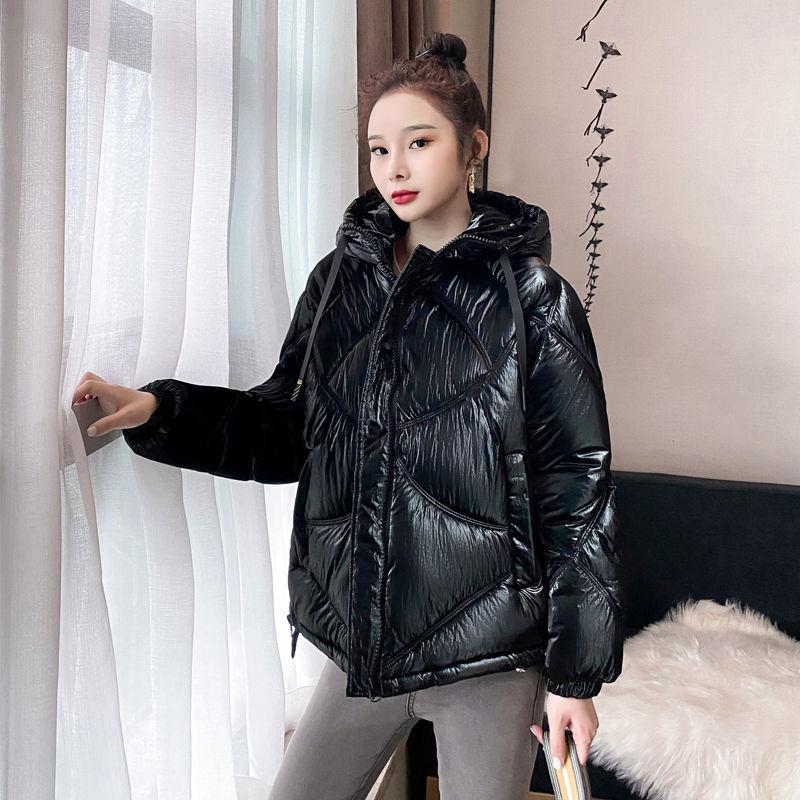 

2021 New Winter Women Korean Loose Jacket Hooded Coat Female Bright Surface Down Cotton Harajuku BF Short Oversized Parkas Z113, Creamy-white