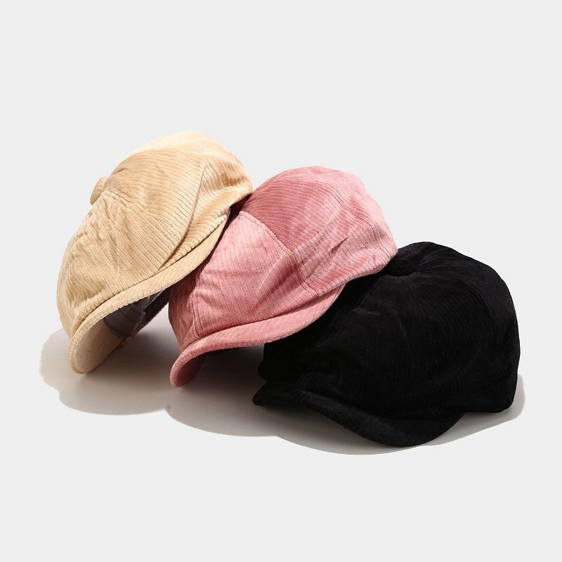 

LDSLYJR 2020 Corduroy solid color buckle beret painter hat octagonal hat women and girl 031, Black