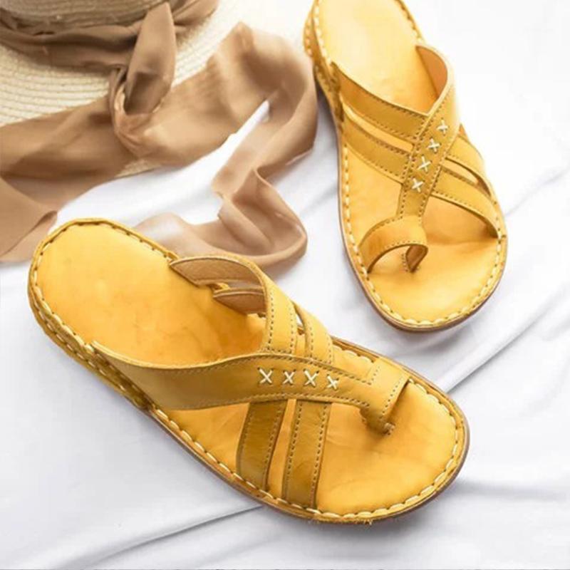

Open Toe Soft Indoor Outdoor PU Leather Foot Correction Women Sandals Non Slip Flat Heel Travel Summer Beach Orthopedic Casual1, Yellow