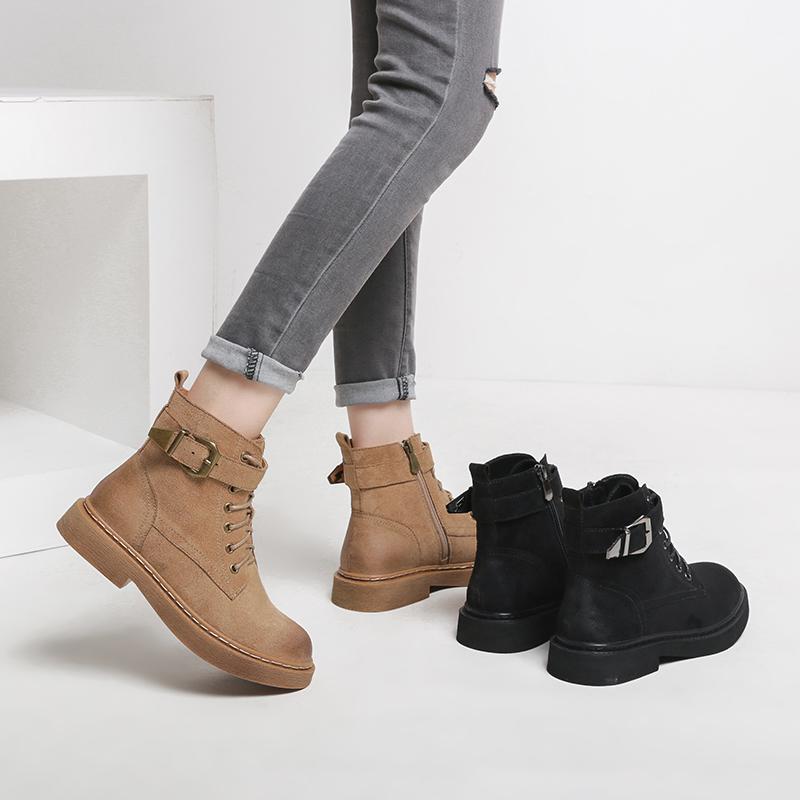 

Women's Shoes Autumn and Winter Boots Female British Style Boots Fashion Ankle Thick Heel Suede Buckle 2 Lining, Black a lining