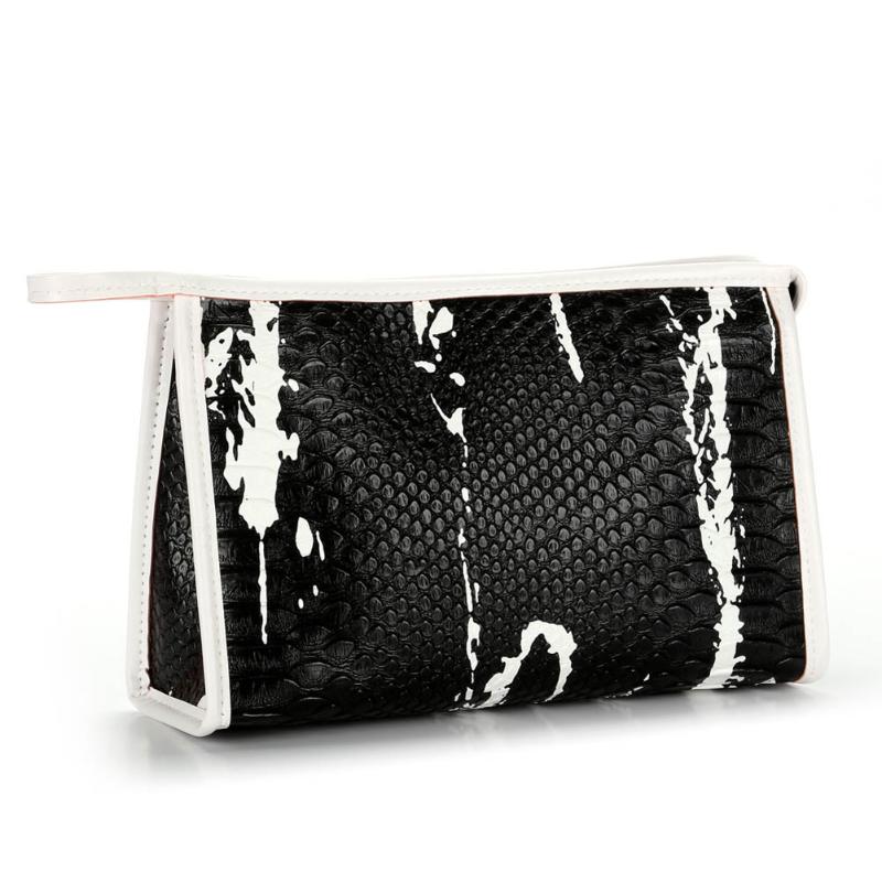 

Portable Travel Women Cosmetics Bag PU Leather Zipped Crocodile Skin Storage Case Organizer Ladies Makeup Bags FA$1, Black
