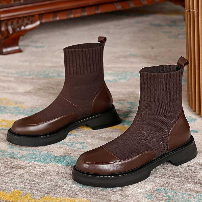 

2021 Autumn Winter knitting Shoes For Women Genuine Leather Platform Thick Heels boots Party Shoes Woman1, Black