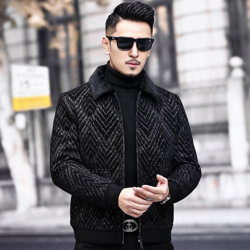 

Winter middle aged men's Woolen jacket sheep cut down collar chenille pattern thickening cotton short coat fashion, See chart