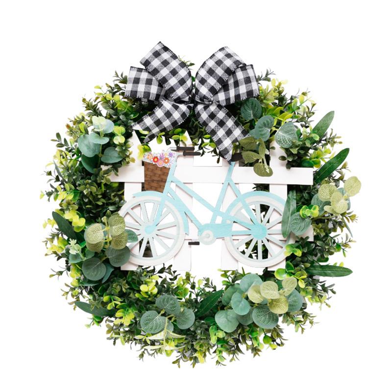

New Arrival Leaves Wreath Artificial Bike Ornament/Flowers Wreath with Plaid Bow for Front Door Decor, As photo shows