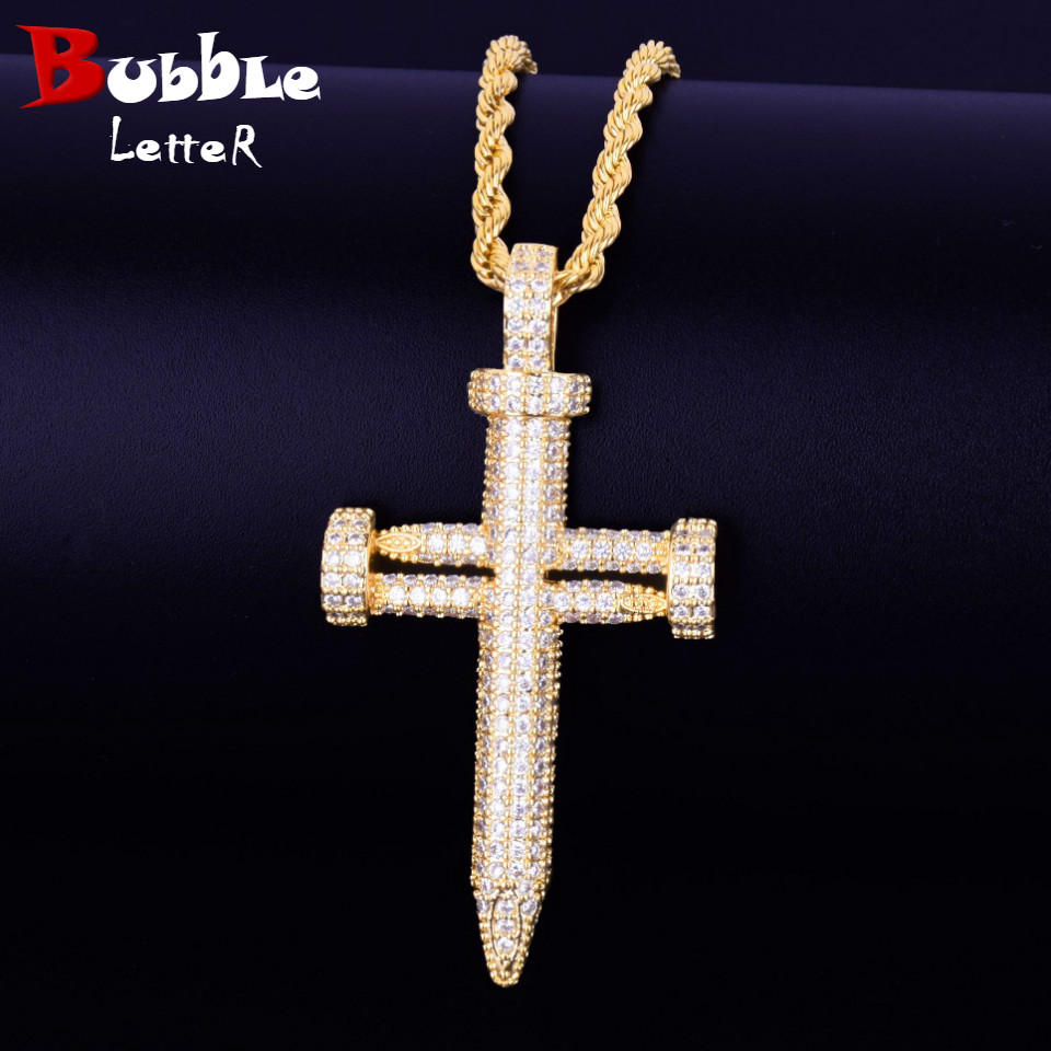 

Iced-Out Nail Shape Cross Pendant For Women Men Material Copper Cubic Zircon Gold Color Hip Hop Rock Street Jewelry Bling Charm Pendant