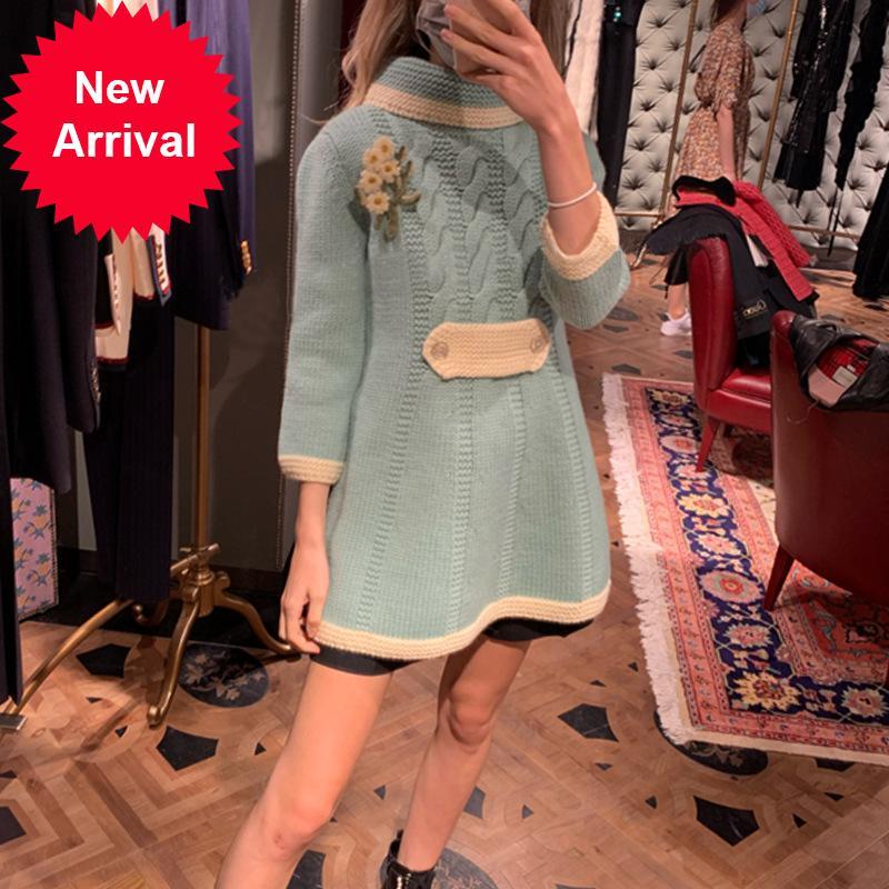 

2021 New Autumn New Winter Flower Knitted High Feminine Turtleneck Sweet Floral Track Elegant Temperament Smooth Nightgown M58s, Blue