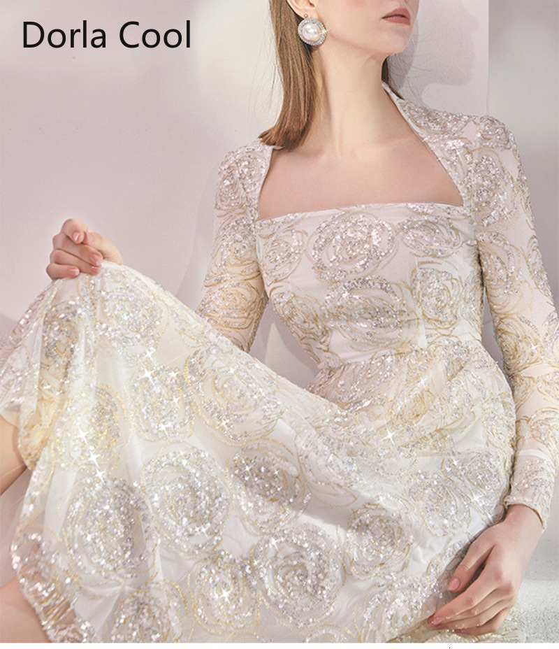 

High Quality Mid-long Female Aline Designer Square Turtleneck Luxury Sequins Embroidered Roses Dressed Women's Party Chic Dress Otva, Champagne