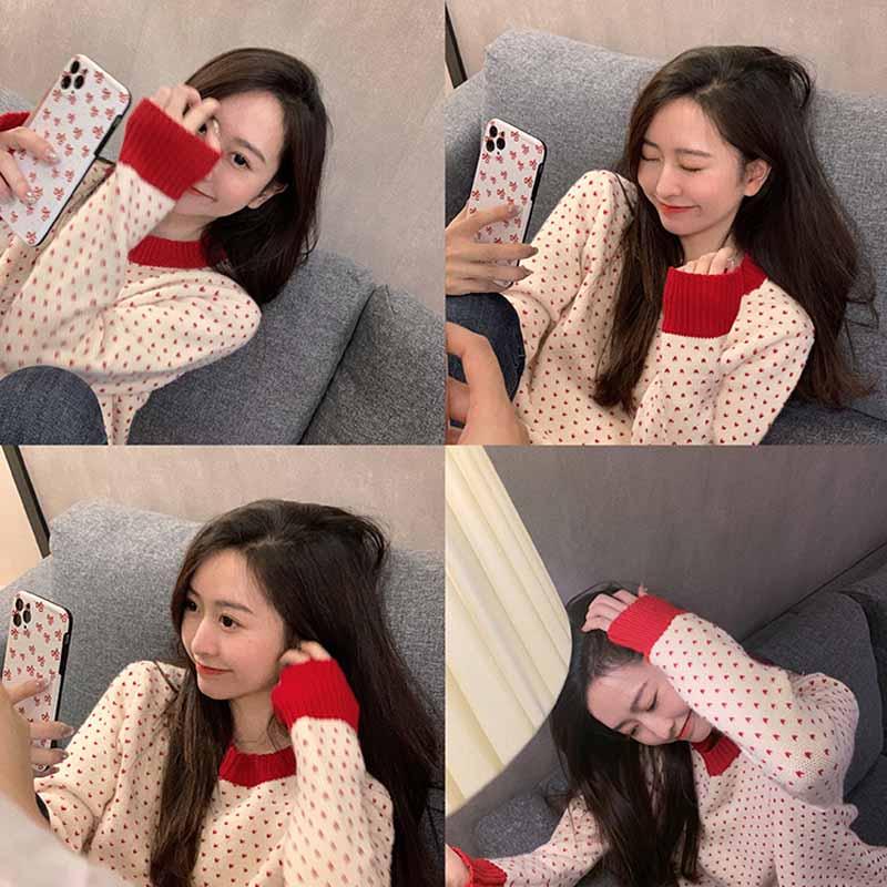 

Knitted Sweater Women 2020 Autumn Winter Korean Sweet Print O-Neck Long Sleeve Pullover Female Slim Jumper Knitwear, Red