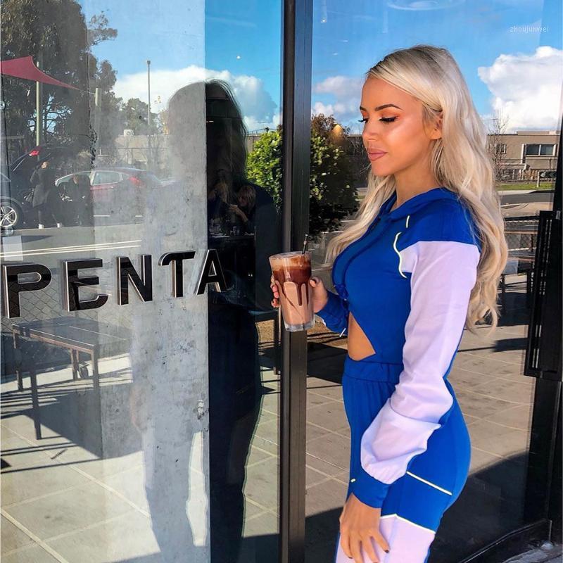 

Women Casual Hollow Out Hoodie Slim Jumpsuit 2021 Autumn Fashion Streetwear Blue Long Sleeve Contrast Color Bodysuits Women' Jumpsuits & Ro