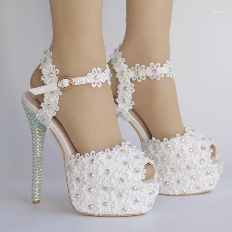 

14 cm high heel white lace flowers wedding shoes round toe slippers bridal sandals high heel women's pumps1