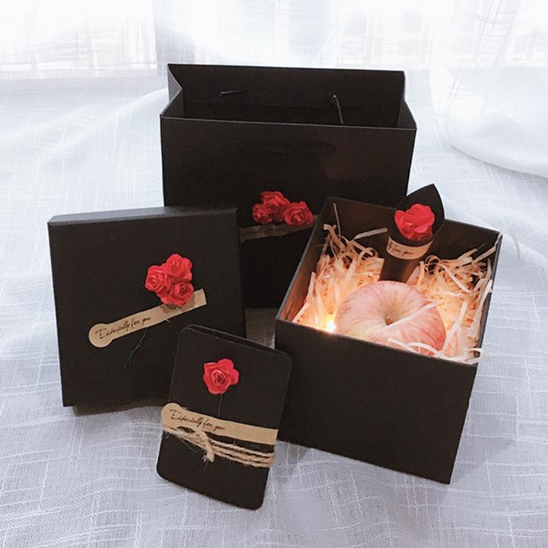 

Black Kraft Paper Gift Box with Roses Simple Design Present Container with Lid