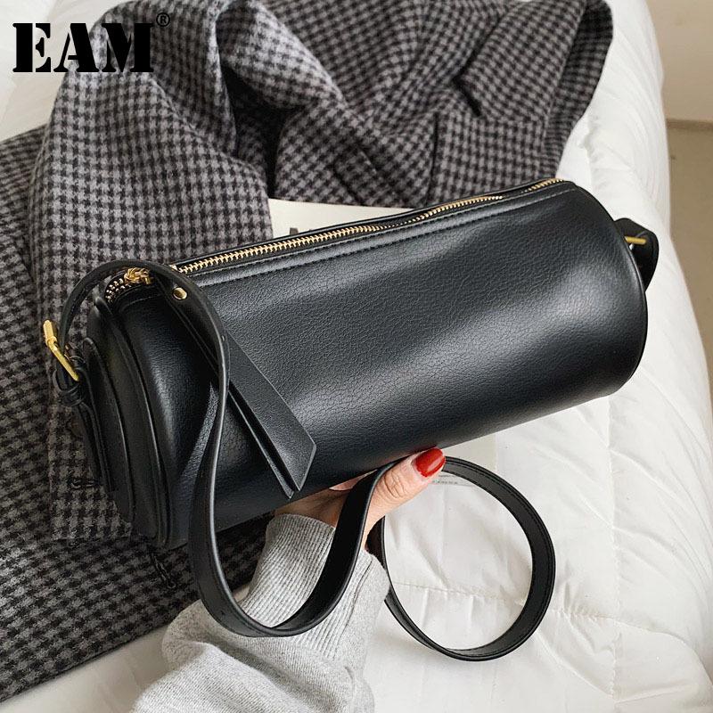 

[EAM] Women New Vintage Barrel-shaped PU Leather Flap Personality All-match Crossbody Shoulder Bag Fashion Tide 2021 18A1301, Black