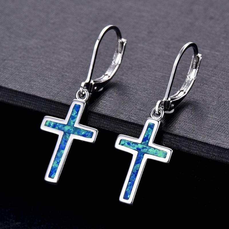 

Christian Cross Fire Opal Pendant Earring Religion Gift Blue / White