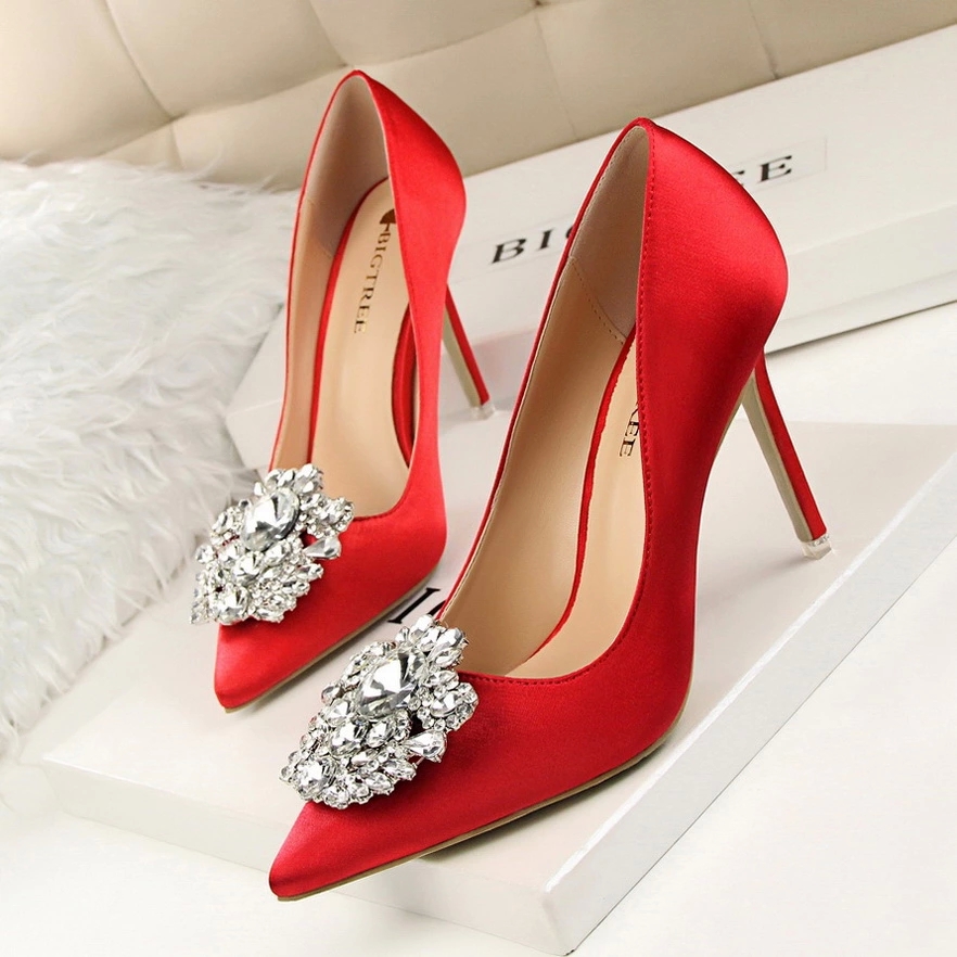 

BIGTREE Silver Gray Black Women Bridal Wedding Shoes Faux Silk Satin Rhinestone Crystal Shallow Woman Pumps Stiletto High Heel #Sx5r