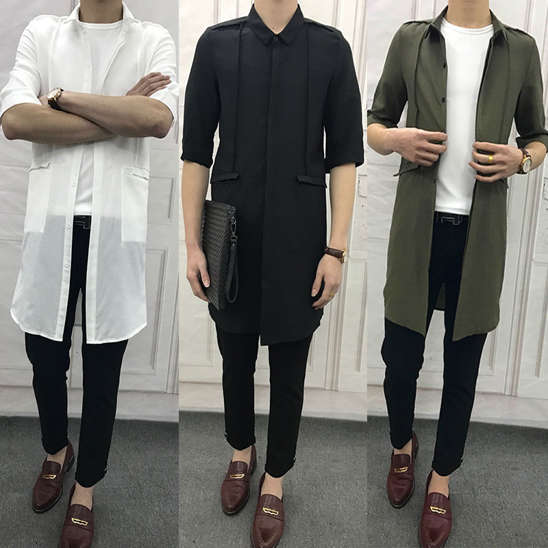 

2021 New S-6xl!! Longer Flax-haired Stylist Men Will See Five-point Glove in Korean Version Long Thin Shirt of Solid-colored P7MI, 13