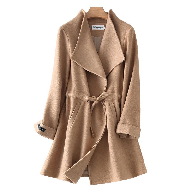 

New Women Wool Blends Coat Long Sleeve V Neck Coats With Belt Female Fashion Cotton Liner Woolen Warm Jacket Oversize Outerwear, Beige