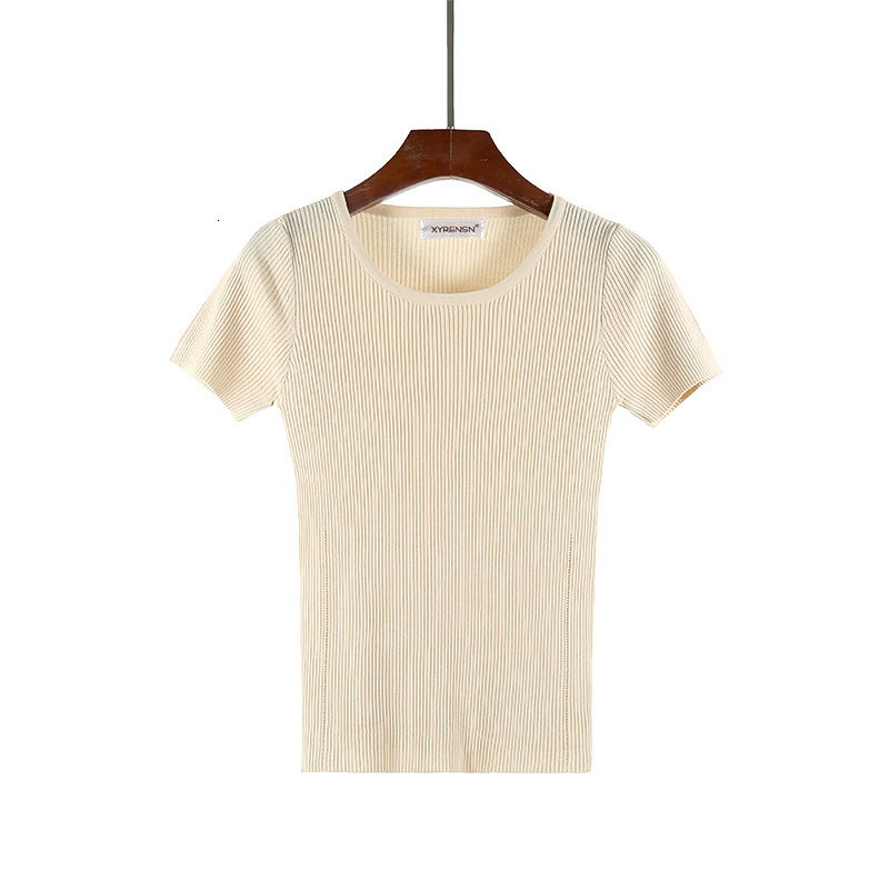 

2021 New Summer Knitted Women t Shirt High Elasticity Slim Casual Short Sleeves Top Fashion Rib Female T-shirt W7k4, Apricot