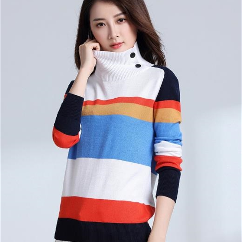 

2021 New High Quality Multi-color Stitching Turtleneck Women Sweaters and Pullovers Female Pull Femme Jumper Streetwear Knitted Sweater Plt1, Beige