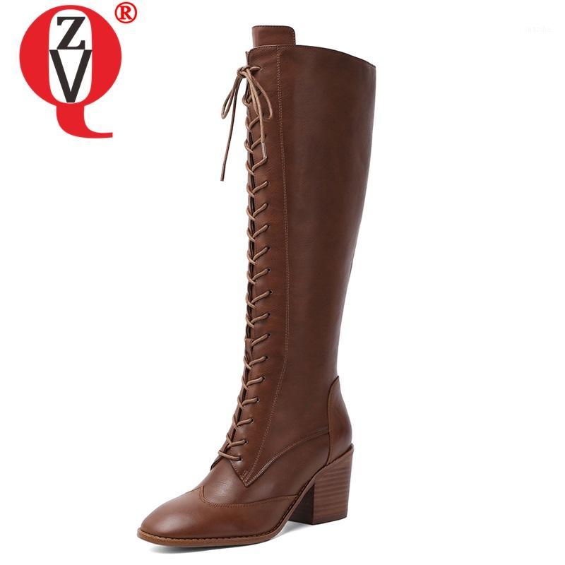 

ZVQ woman leather knee high boots winter autumn brown black lace-up long boots fashion 7cm high heels women's shoes dropshipping1