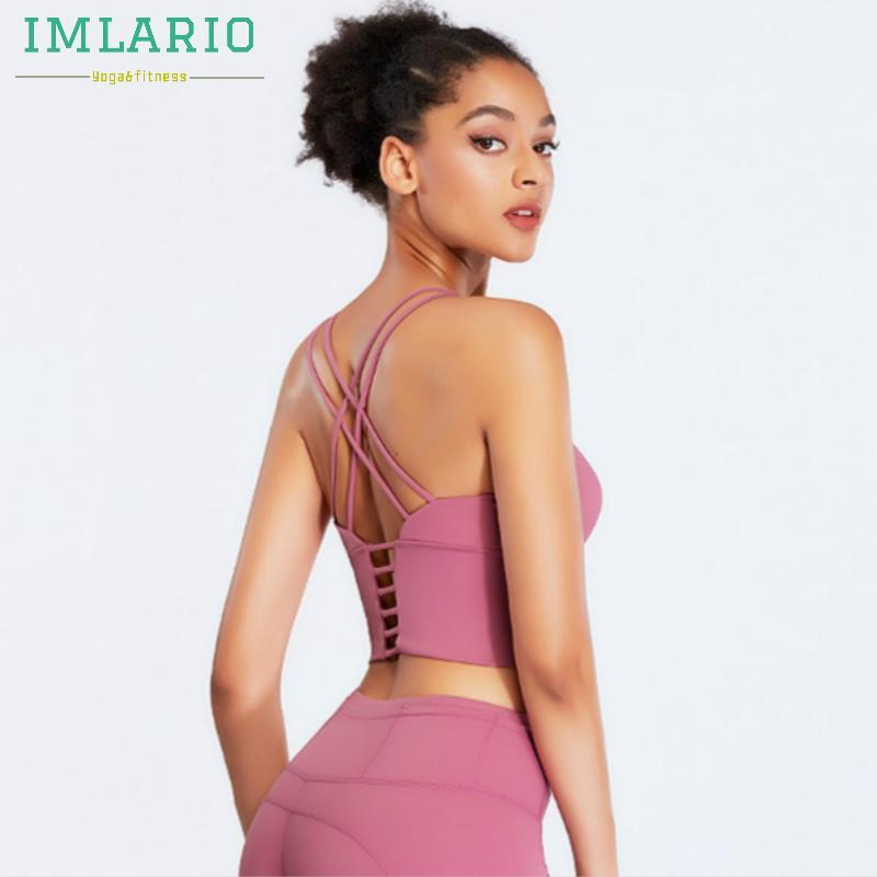 

IMLARIO Cross Strappy Yoga Crop Tank Top Padded Sports Bra Wirefree Women Longline Gym Cami PINK Workout Activewear High Support1, Black