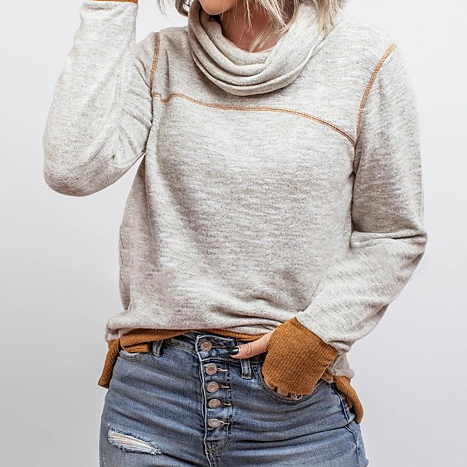 

New 2021 Autumn Winter Women Sweatshirts Turtleneck Long Sleeve Sweatshirt Casual Patchwork Loose Pullover Woman Tops Female Clothes R5xt, Grey