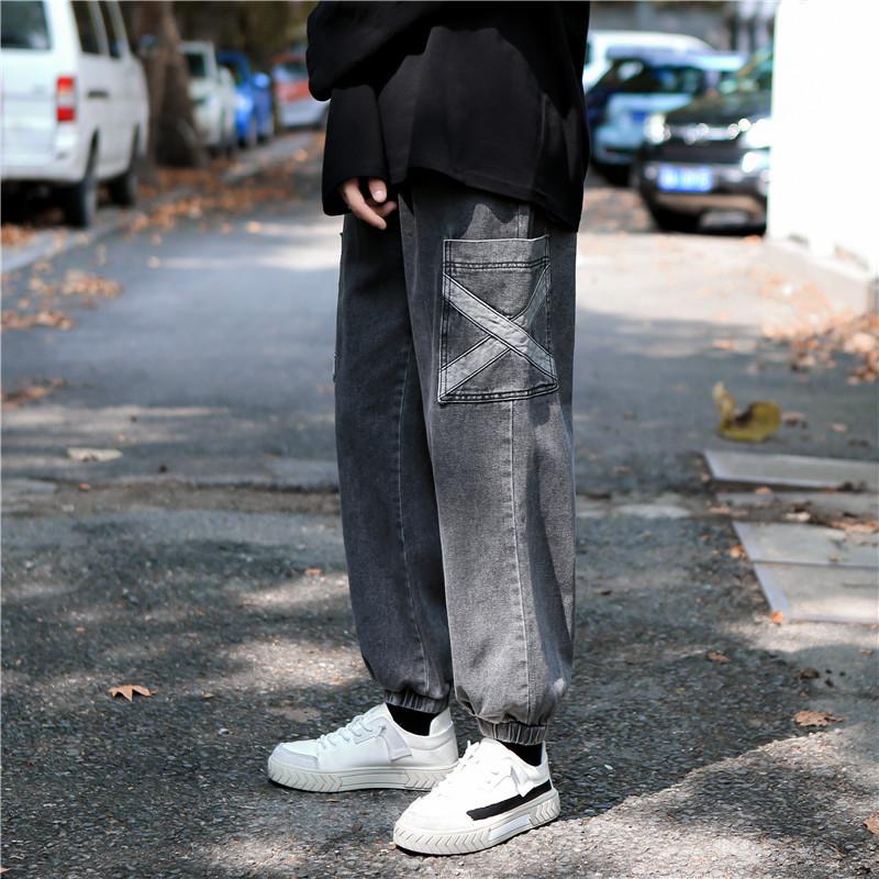 

Autumn Tide Brand Ins Retro Elastic Rope Nine-point Jeans Male Korean Version of Loose Student Wild Tie Overalls, Black