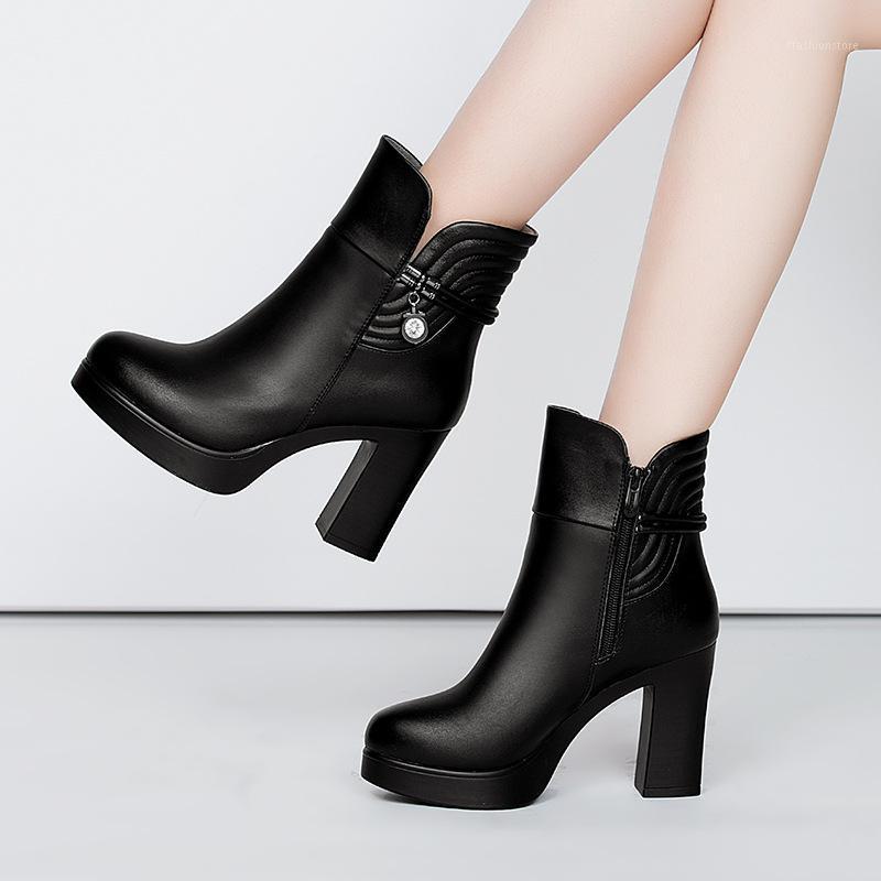 

Block Heel Platform Shoes Women Ankle Boots 2020 Fall Winter Plush High Heels Boots Ladies Plush Warm Booties 41 42 431, Black pu inside
