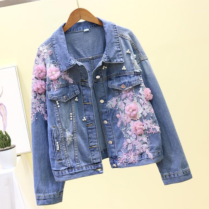 

2021 Autumn Women Denim Jacket Embroidery Three-dimensional Floral Jeans Jacket Beading Pearl Ripped Hole Bomber Outerwear P7781, Pink