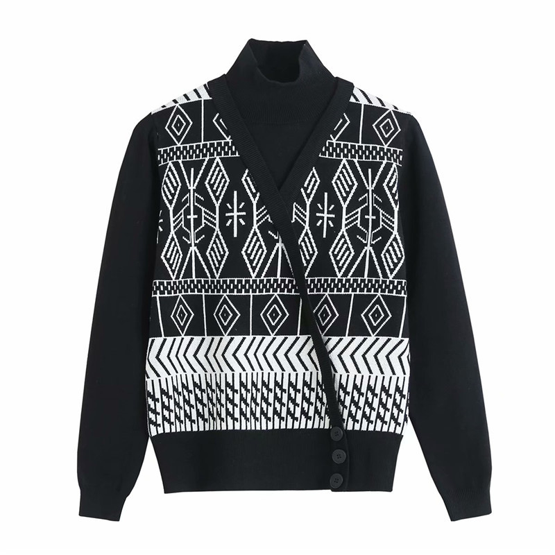 

2021 New Vintage Female Fake Set of Two Fashion Shirts Ladies Turtlenecks High Tops Streetwear Women Geometry Pullovers N1PS, Black