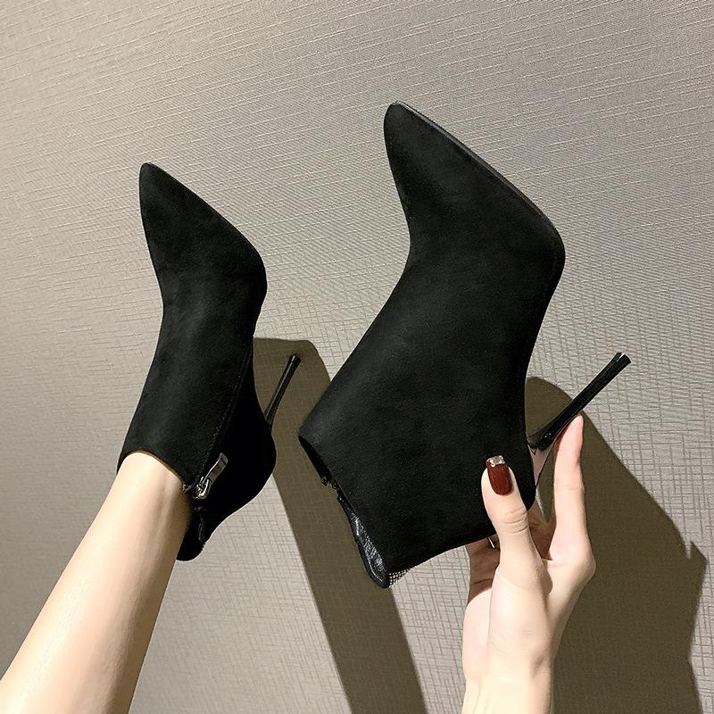 

Autumn and winter pointed toe super high heel 10cm short boots warm and velvet stiletto short tube suede women's boots FD-98, Khaki 10 cm