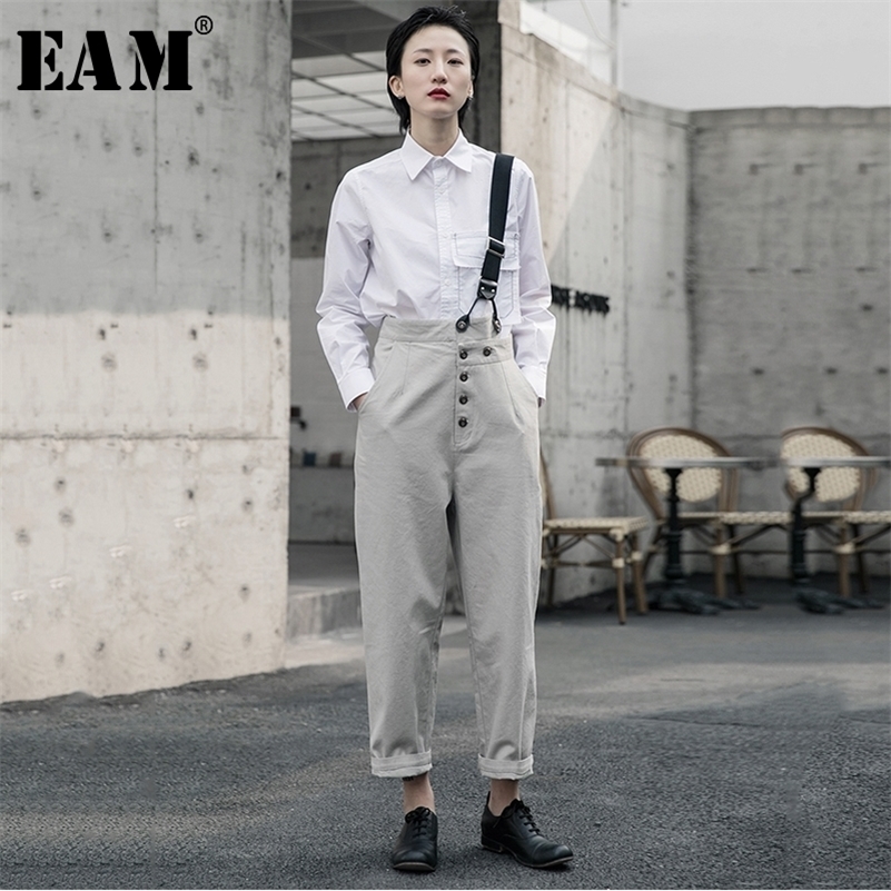 

[EAM] High Waist Geay Button Split Joint Leisure Trousers Overalls New Loose Fit Pants Women Fashion Spring Autumn 1R5860 201109, Gray